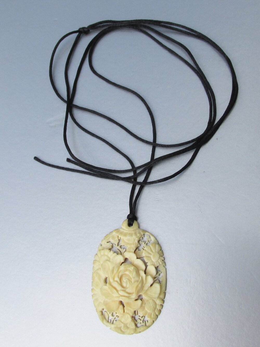Antique Celluloid or Bone Carved ROSE Pendant Long Black Silk Cord Necklace